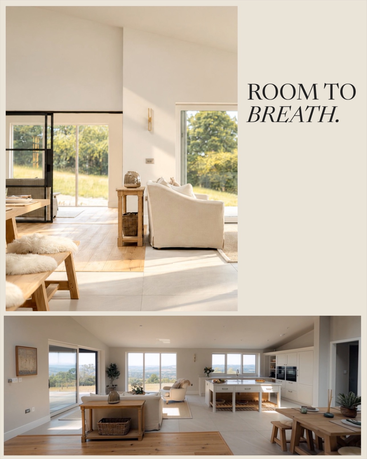 Room to breathe: two composed views of a light-filled living, dining and kitchen space
