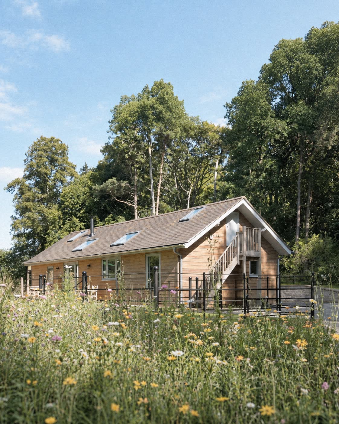 Portrait composition of The Old Workshop with wildflowers in the foreground